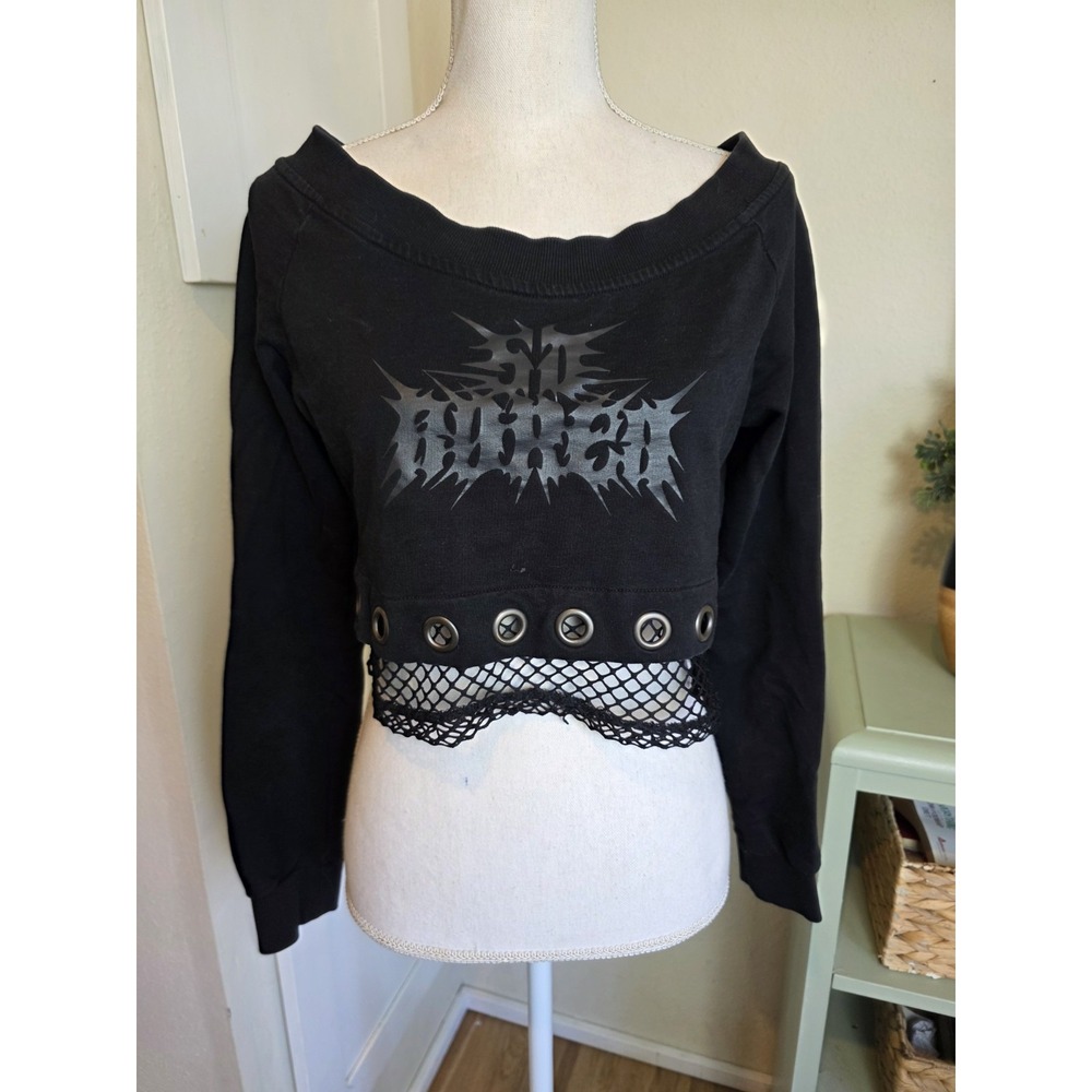 Killstar Nitro Jen Crop Sweatshirt Size XL Fishnet Trim Graphic "So Bored"